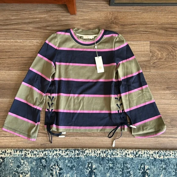 NWT Tory Burch Lace Up Striped Top - Picture 1 of 5